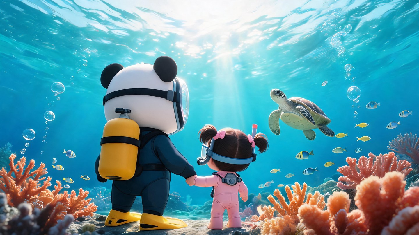 Panpan and a child diving over a coral reef with a sea turtle, in full color