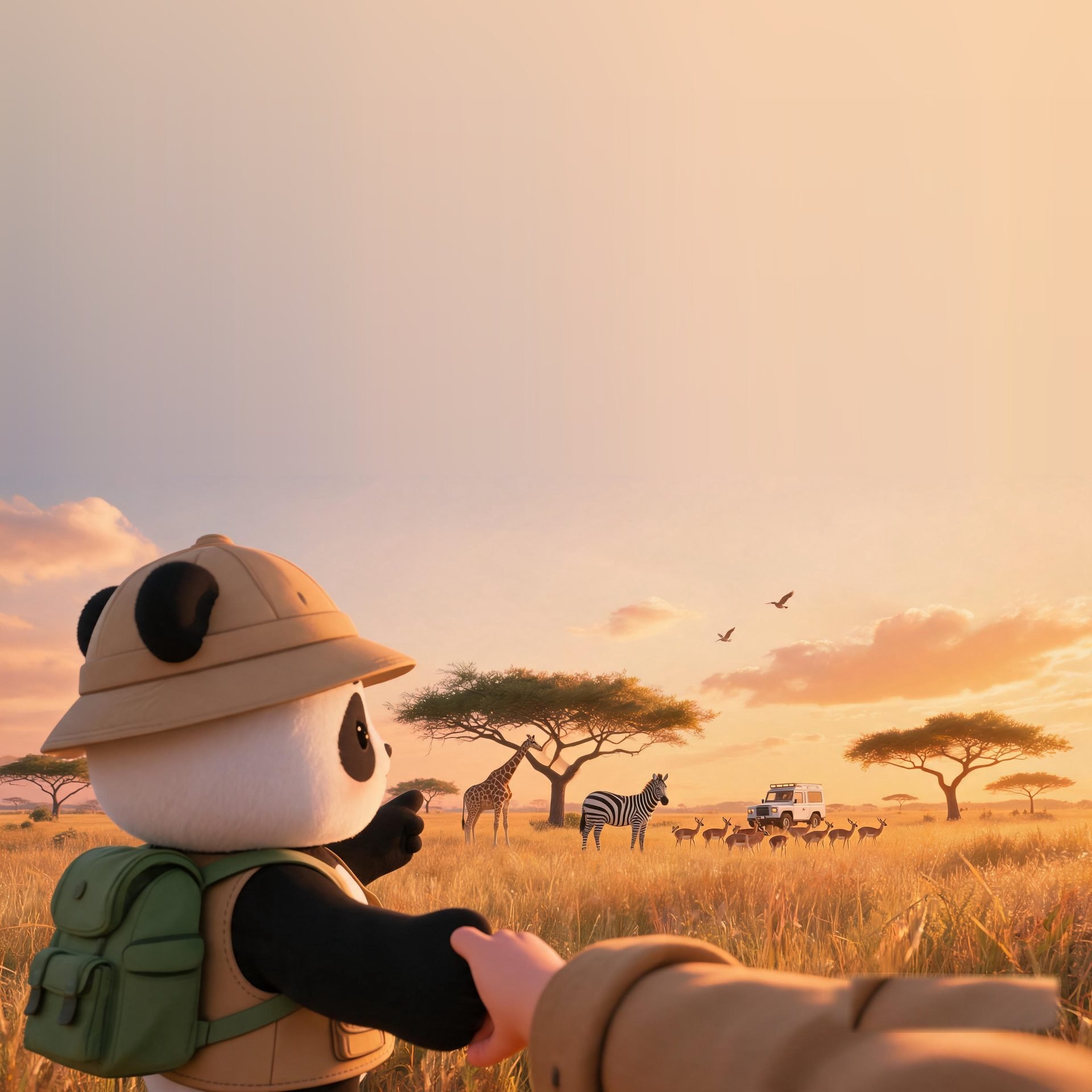Travel with Panpan African Wildlife coloring book cover — a panda holding a child's hand on safari